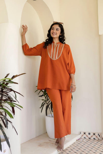 Natural Fab Women's High-Low Tunic Co-Ord Set | 3/4 Sleeves, Boat Neck, Relaxed Fit | Western Summer Casual Wear