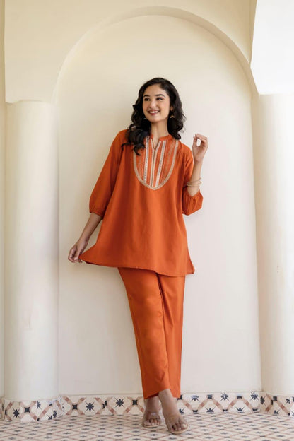 Natural Fab Women's High-Low Tunic Co-Ord Set | 3/4 Sleeves, Boat Neck, Relaxed Fit | Western Summer Casual Wear