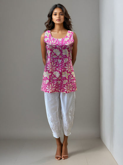 Pink Sleeveless Floral Embroidered Cotton Kurti