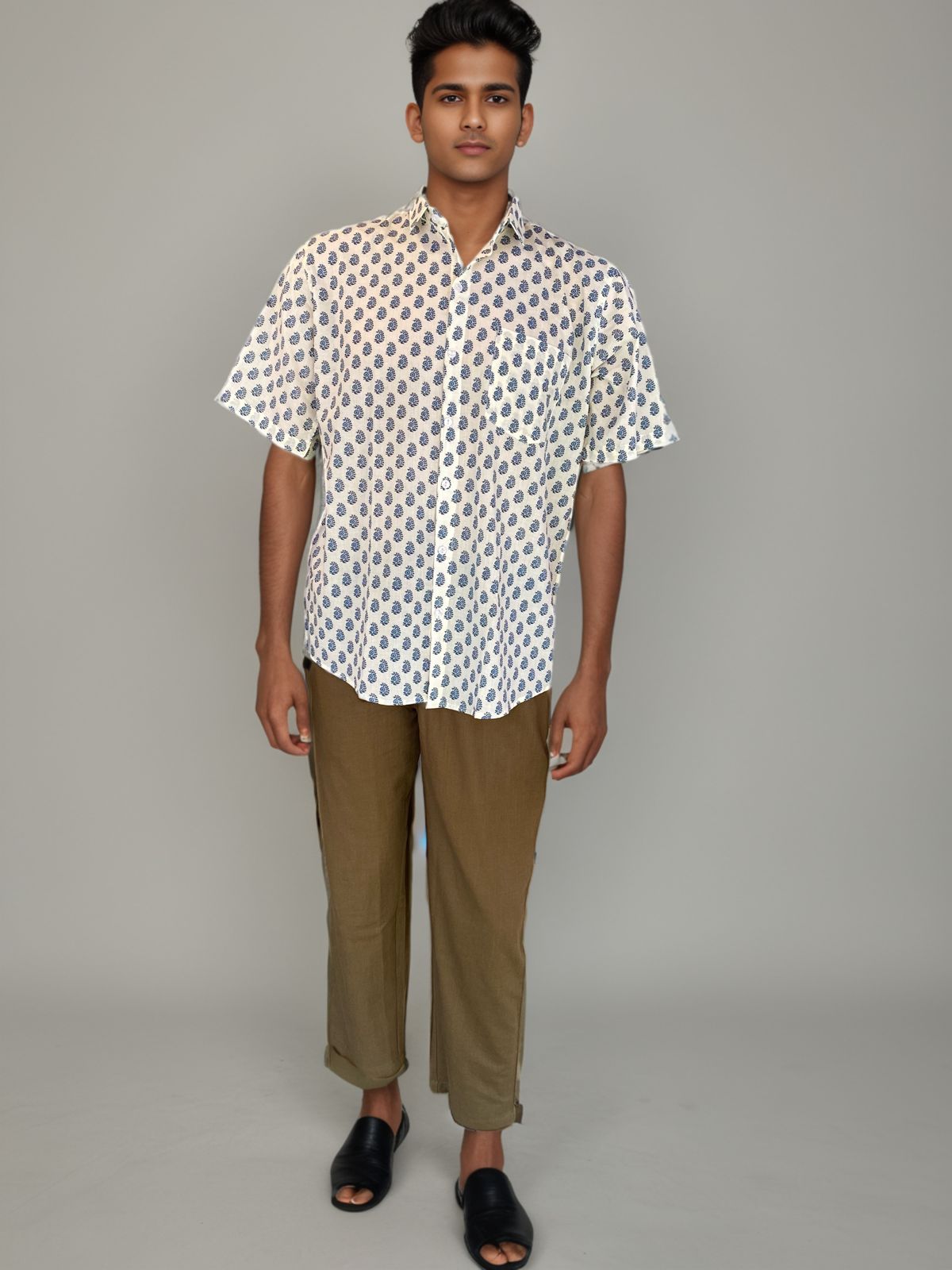 Men’s White Printed Cotton Shirt – Casual Short Sleeve with Blue Floral Motif