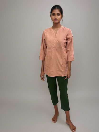 Peach Textured Cotton Short Kurti – Subtle Elegance for Everyday Wear