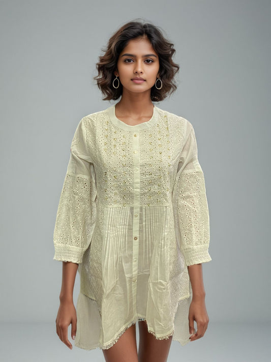 Chikankari-Inspired Malmal Cotton Short Kurti in Soft Beige
