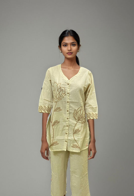 Women's Light Yellow Embroidered Co-Ord Set | Cotton Blend Top & Pants | Elegant Summer Ethnic Wear