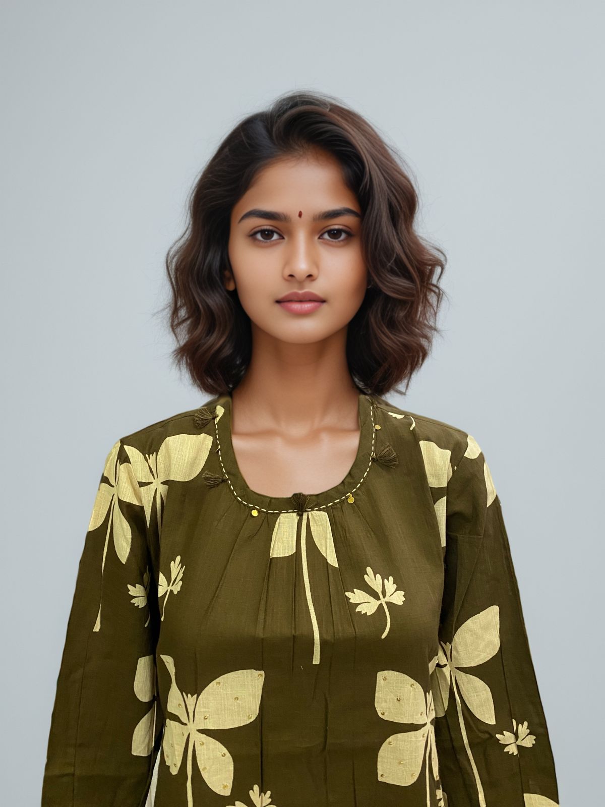 Olive Green Floral Printed Cotton Kurta Set for Women – 3/4 Sleeve Straight Kurta with Pants