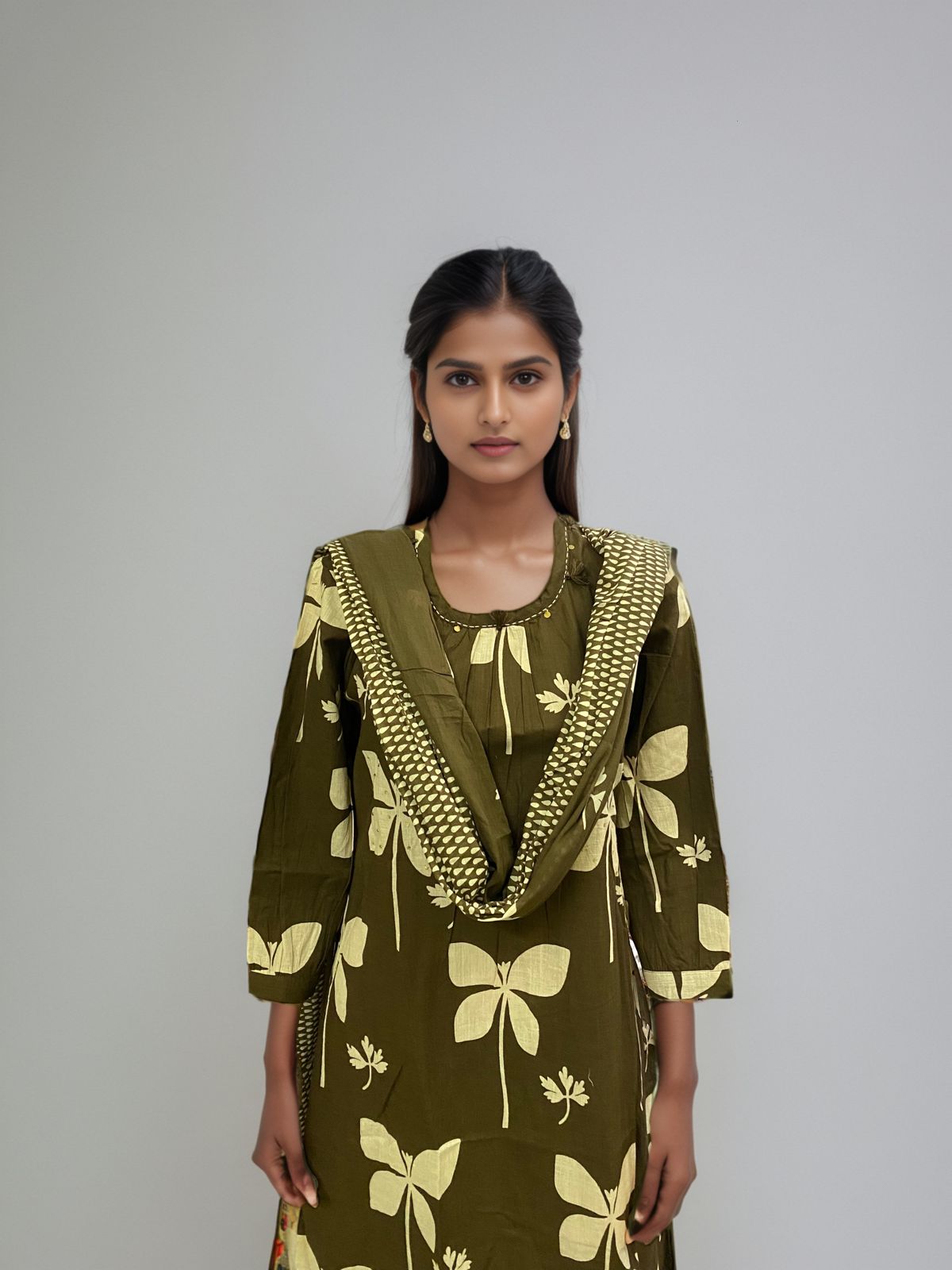 Olive Green Floral Printed Cotton Kurta Set for Women – 3/4 Sleeve Straight Kurta with Pants