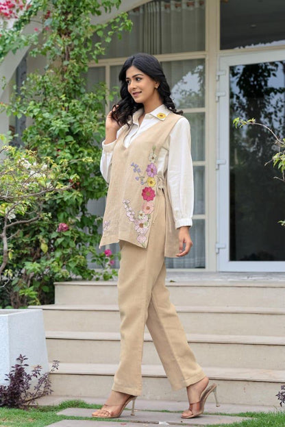Elegant 3-Piece Co-Ord Set for Women – White Cotton Shirt with Jute Pants & Embroidered Jute Jacket