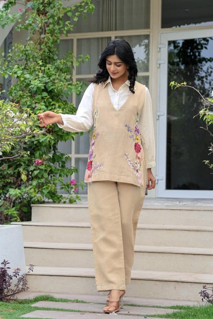 Elegant 3-Piece Co-Ord Set for Women – White Cotton Shirt with Jute Pants & Embroidered Jute Jacket