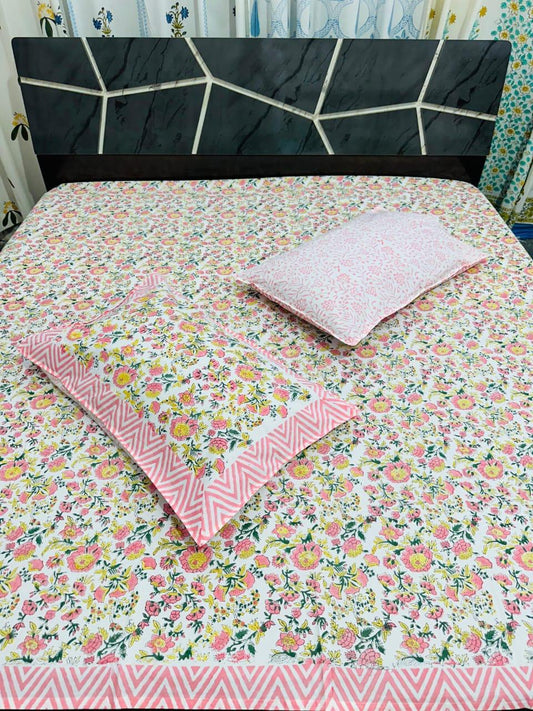 Handblock Printed Cotton Double Bedsheet with Pillow Covers – Pink Floral Design