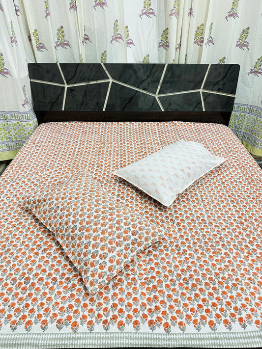 Premium Handblock Printed Cotton Bedsheet – Fine Count Fabric with Floral Motif (Double Bed, 2 Pillow Covers)