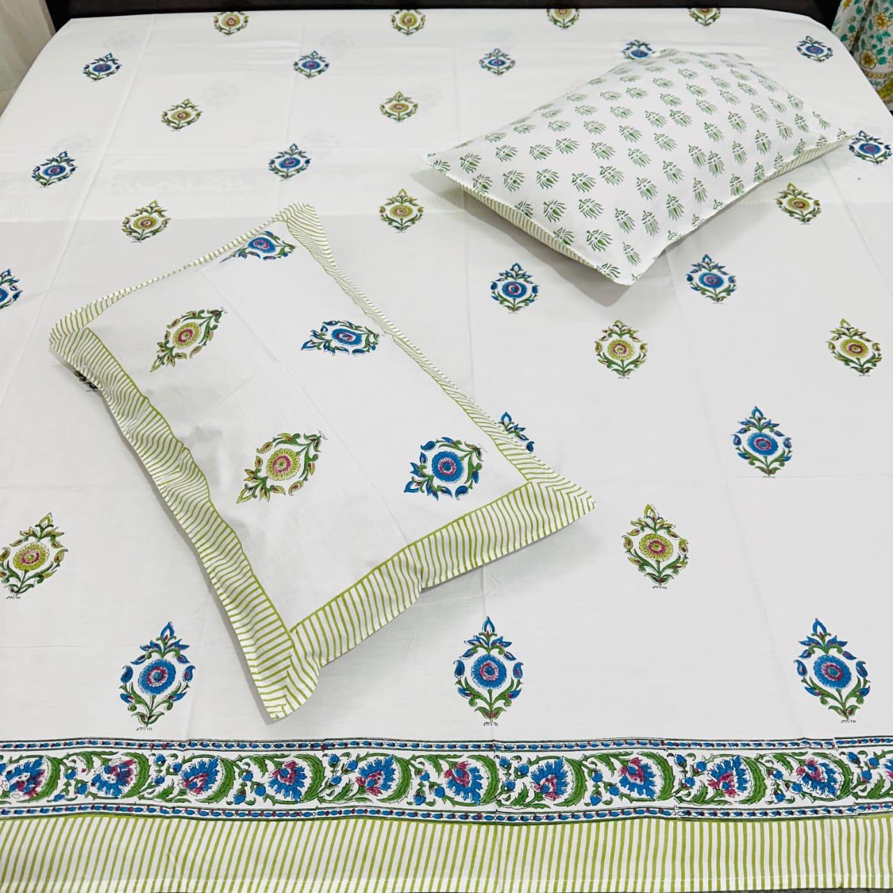 Premium Handblock Printed Bedsheet with Pillow Covers – Leaf Design (Soft Cotton)