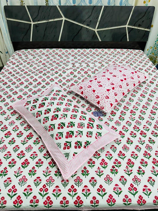 Elegant Double Bedsheet – Fine Count Handblock Print with Floral Motif