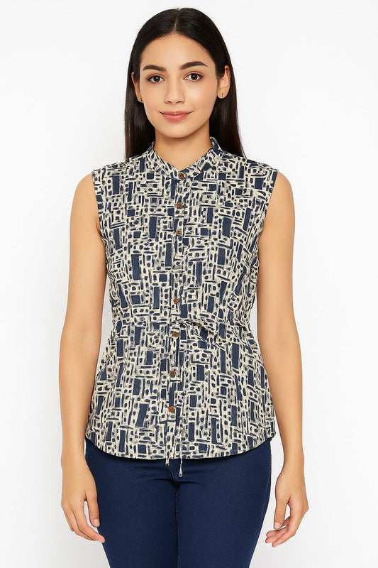 Sleeveless Printed Cotton Short Kurti Top for Women – Casual Indigo Block Pattern by Natural Fab