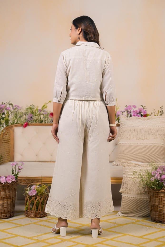 Off-White Cotton Co-Ord Set with Embroidered Detailing