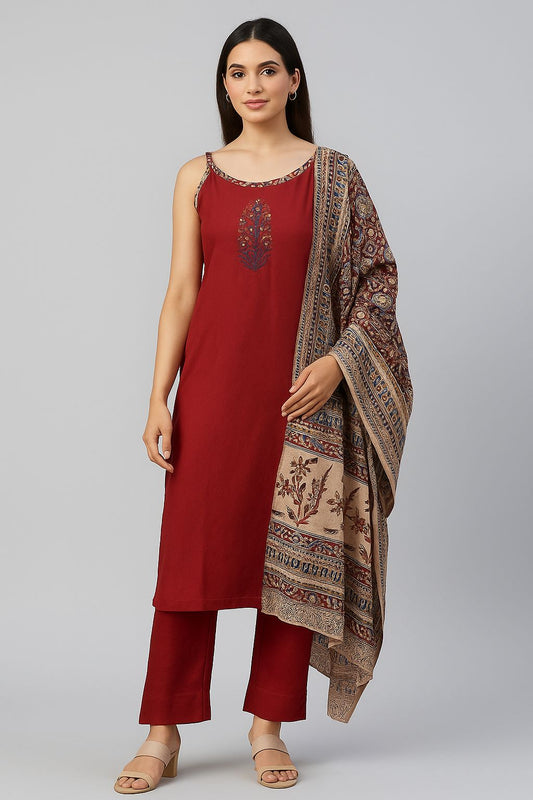 Maroon Cotton Sleeveless Kurti Set with Printed Dupatta – Elegant 3-Piece Ethnic Wear for Women
