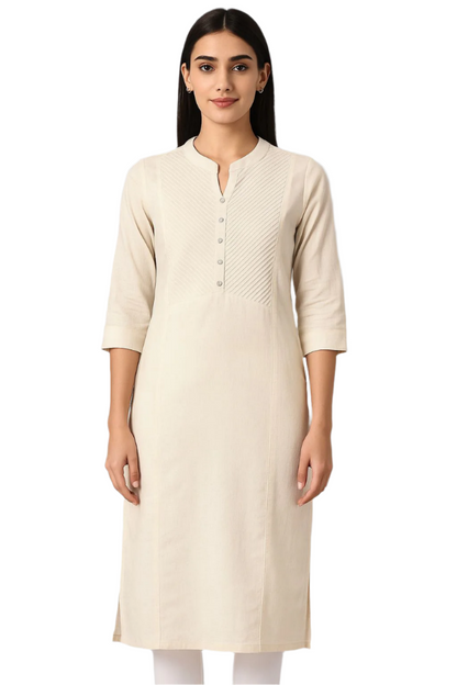 Women's Cream Cotton Kurti – Elegant Solid Straight Kurta with Pintuck Yoke