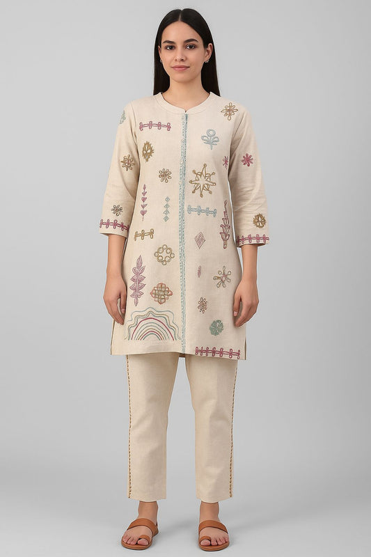 Hand-Embroidered Khadi Cotton Co-ord Set for Women – Beige Sustainable Ethnic Two-Piece Outfit