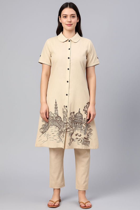 Cotton Co-ord Set with Hand-Drawn Architectural Print