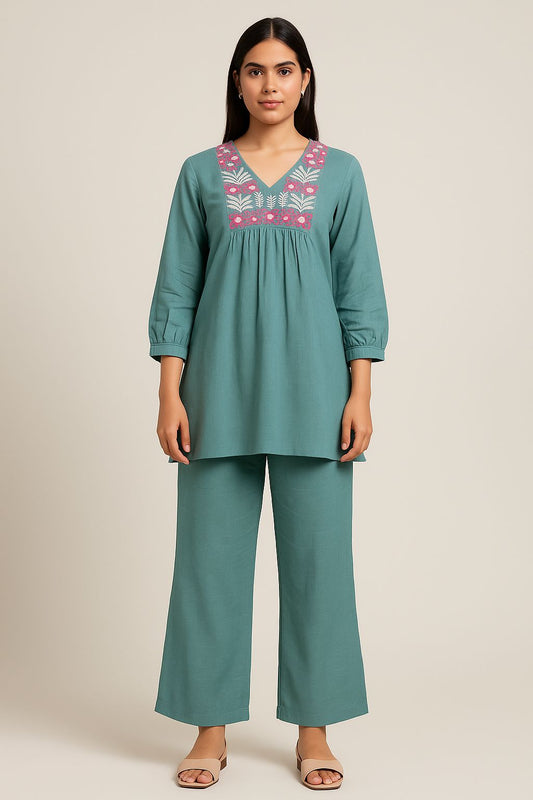 Green Cotton Embroidered Co-ord Set for Women – Stylish V-Neck Top & Wide-Leg Pants