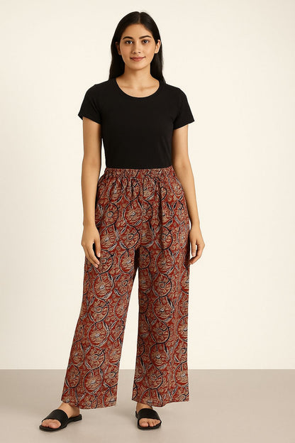 Rust Red Kalamkari Cotton Plazo Pants for Women – Handblock Floral Print, Elastic Waist