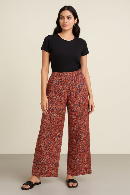 Rust Orange Floral Kalamkari Cotton Plazo Pants for Women – Wide-Leg Ethnic Bottoms