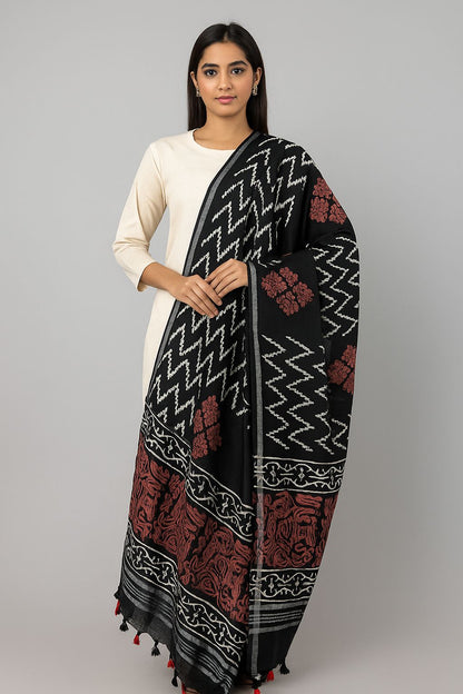 Black Cotton Dupatta with Maroon Floral & Zigzag Print – Handcrafted Ethnic Tassel Dupatta