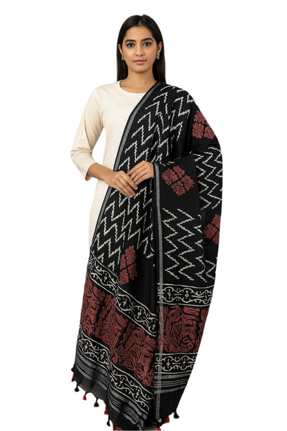 Black Cotton Dupatta with Maroon Floral & Zigzag Print – Handcrafted Ethnic Tassel Dupatta