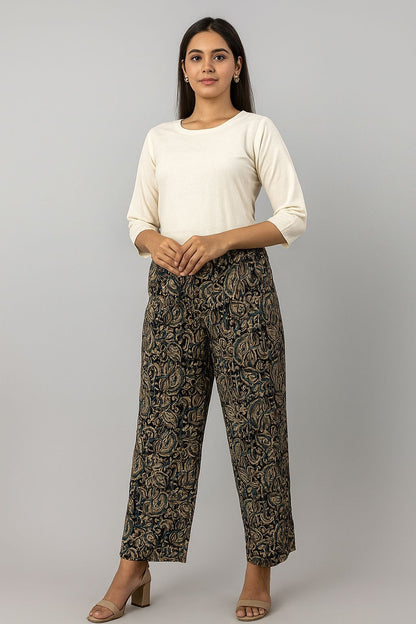 Women’s Black & Beige Handblock Printed Cotton Palazzo Pants – Ethnic Casual Wear