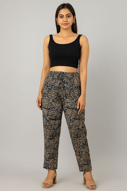 Women’s Blue & Beige Handblock Cotton Tapered Pants – Ethnic Casual Trousers