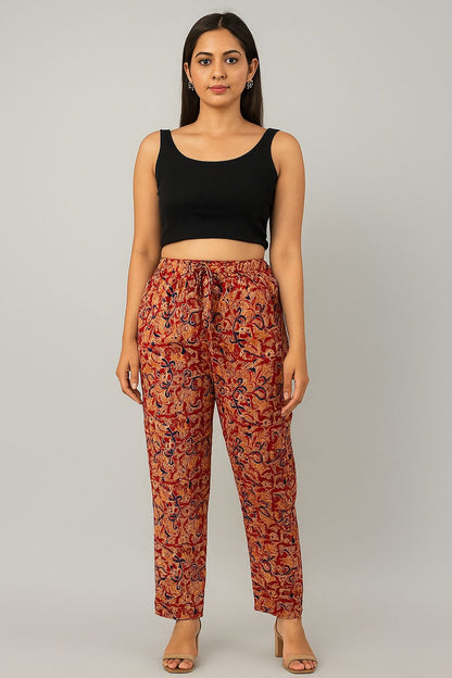 Women’s Red & Mustard Handblock Cotton Straight Pants – Ethnic Floral Print Bottomwear