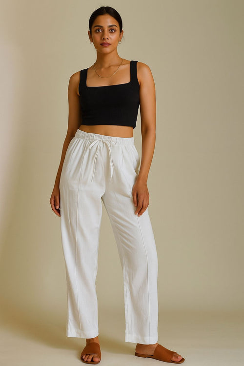 Women’s White Cotton Relaxed Fit Pants with Drawstring – Lightweight Summer Lounge Trousers