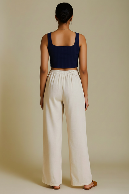 Women’s Beige Cotton Flared Palazzo Pants with Drawstring – Lightweight Summer Bottoms