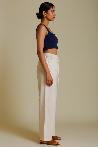 Women’s Beige Cotton Flared Palazzo Pants with Drawstring – Lightweight Summer Bottoms