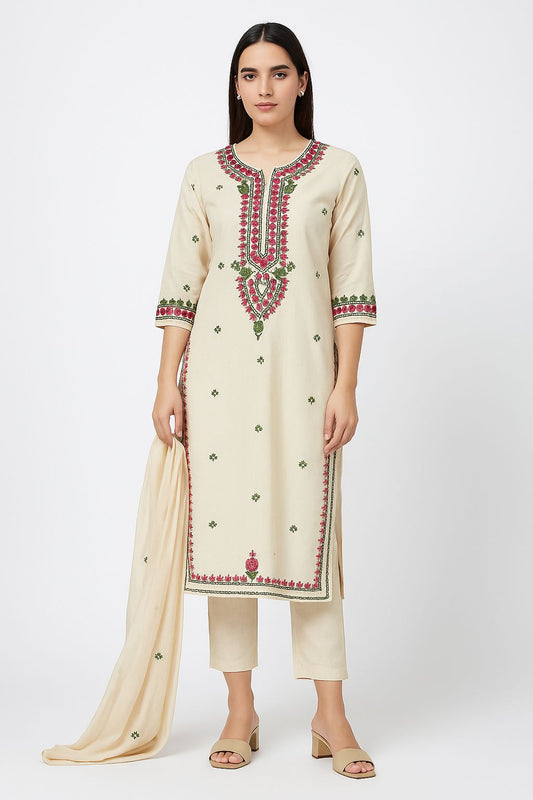 Elegant Beige Embroidered Cotton Suit Set with Dupatta