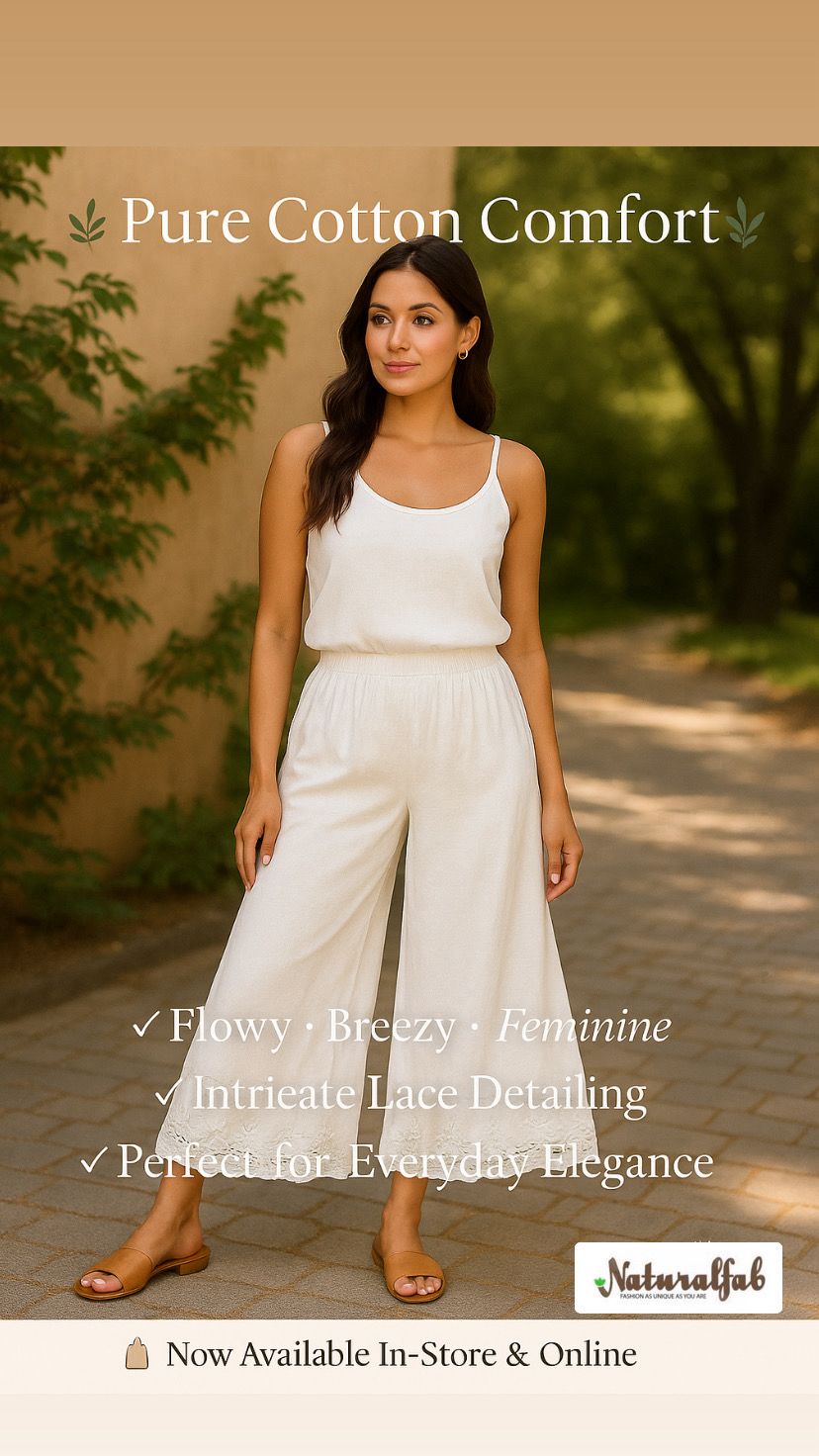 Women's White Cotton Divider Palazzo Pants with Embroidered Hem | Summer Flowy Culottes