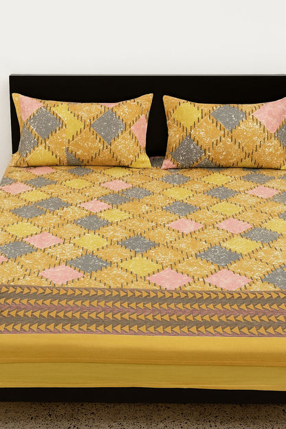 Bright Mustard Cotton Double Bedsheet Set with Pillow Covers – Ethnic Geometric Diamond Print