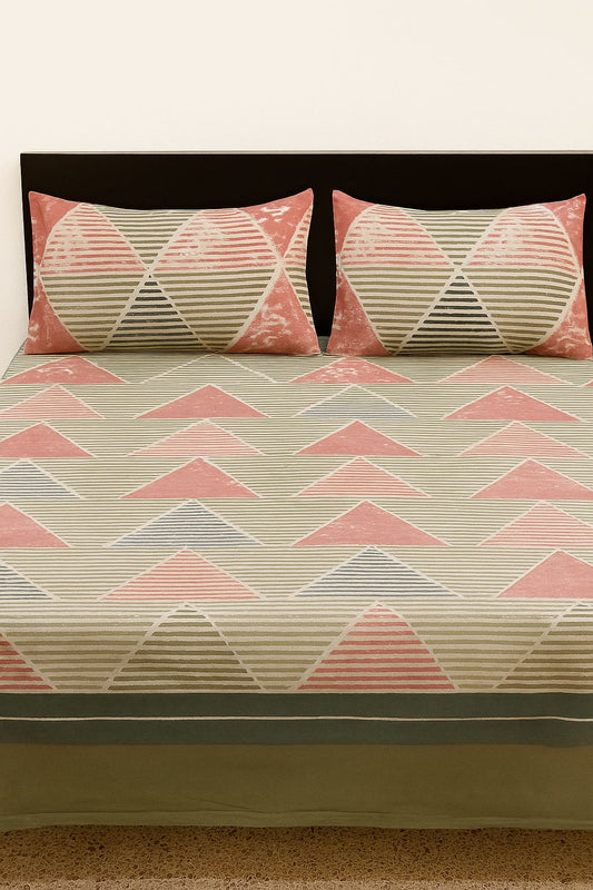 Earthy Green & Pink Cotton Double Bedsheet Set – Modern Triangle Stripe Design with Pillow Covers