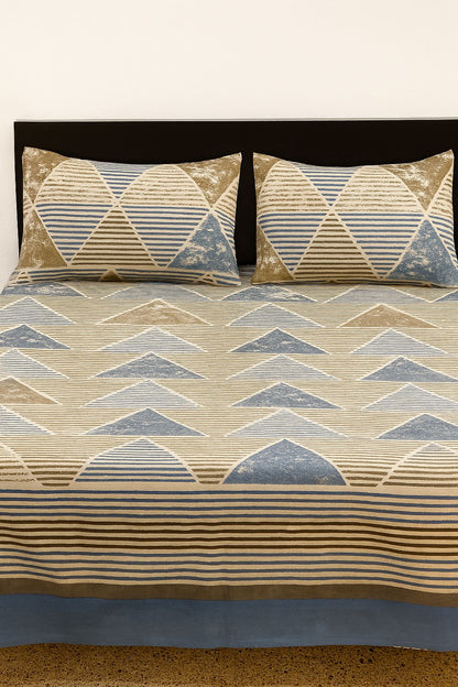Beige & Blue Cotton Double Bedsheet Set – Elegant Triangle Stripe Design with Pillow Covers