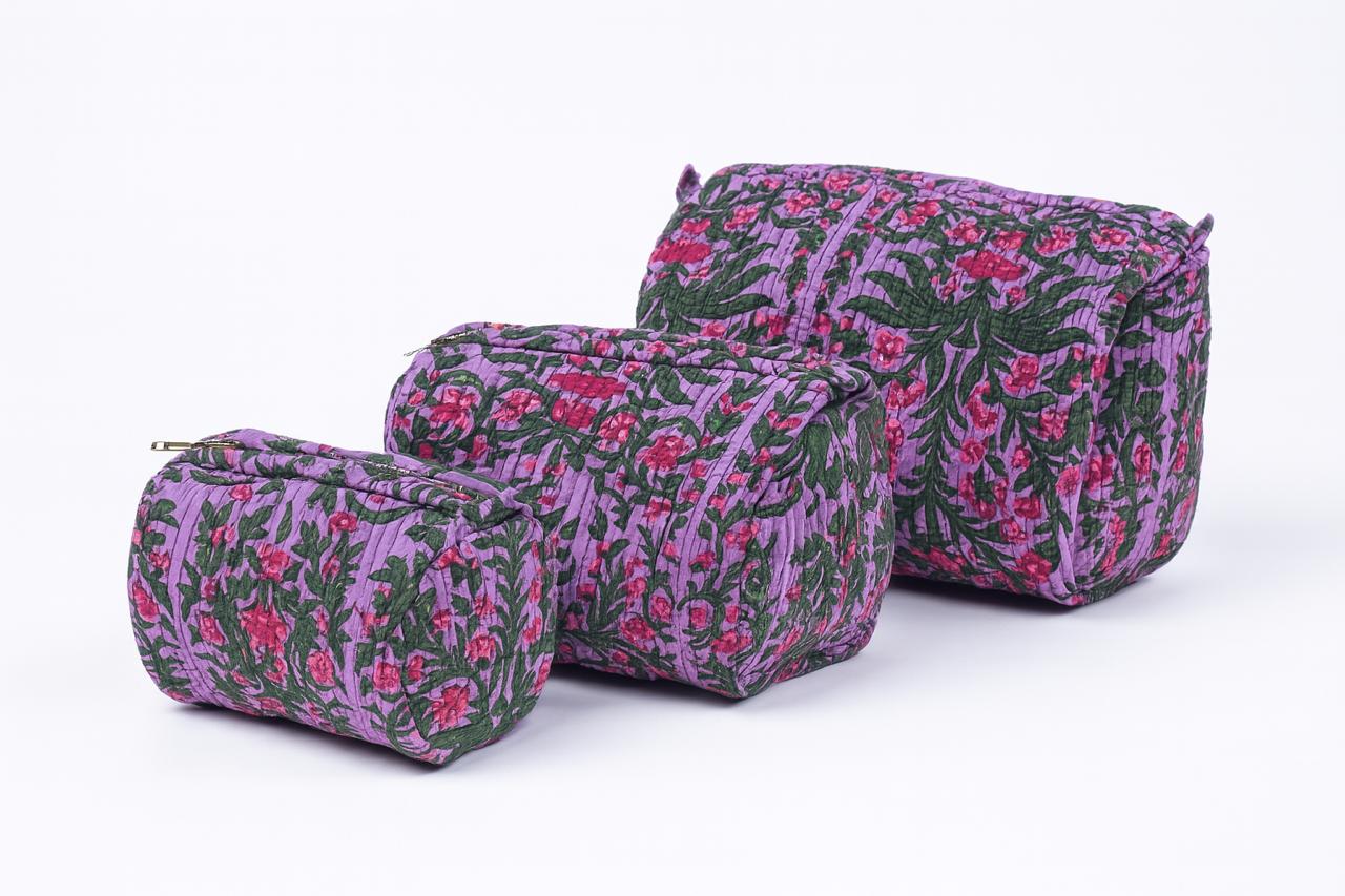 Purple Floral Quilted Cotton Pouch Set – Set of 3 | Handcrafted Travel, Makeup & Toiletry Bags