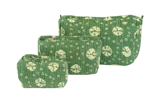 Handcrafted Green Cotton Quilted Pouch Set – Set of 3 | Travel & Toiletry Organizers