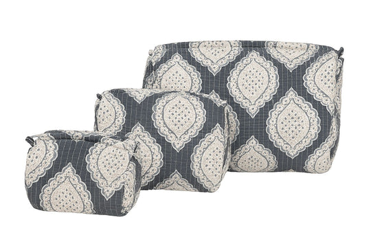 Classic Grey & Ivory Quilted Cotton Pouch Set – Set of 3 | Handcrafted Travel & Makeup Organizers