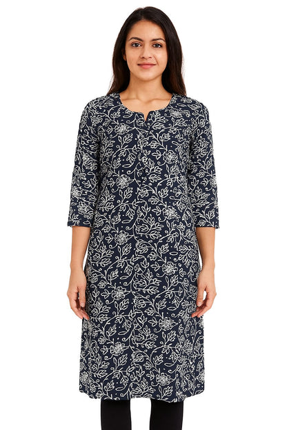 Navy Blue Cotton Printed Straight Kurti for Women – Elegant Floral Design | 3/4 Sleeves