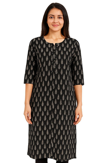 Black Cotton Printed Straight Kurti for Women – Elegant Leaf Motif | Office & Casual Wear