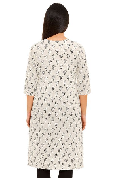 Off-White Cotton Straight Kurti for Women – Minimal Black Floral Print | Everyday & Office Wear