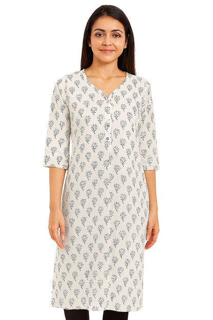 Off-White Cotton Straight Kurti for Women – Minimal Black Floral Print | Everyday & Office Wear
