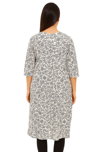 Off-White Cotton Straight Kurti for Women – Black Hand-Drawn Floral Print | V-Neck, 3/4 Sleeves