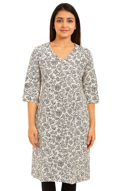 Off-White Cotton Straight Kurti for Women – Black Hand-Drawn Floral Print | V-Neck, 3/4 Sleeves