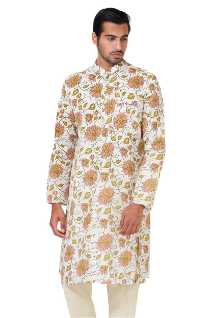 Men's Floral Handblock Printed Cotton Long Kurta – Cream Base with Pink & Yellow Motifs