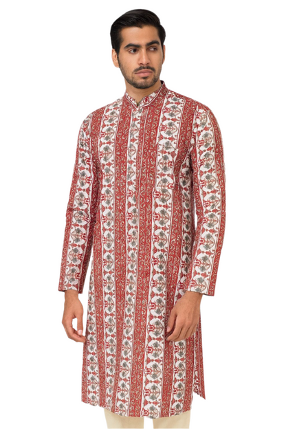 Men's Handblock Printed Long Cotton Kurta – Red & White Vertical Floral Stripe Pattern