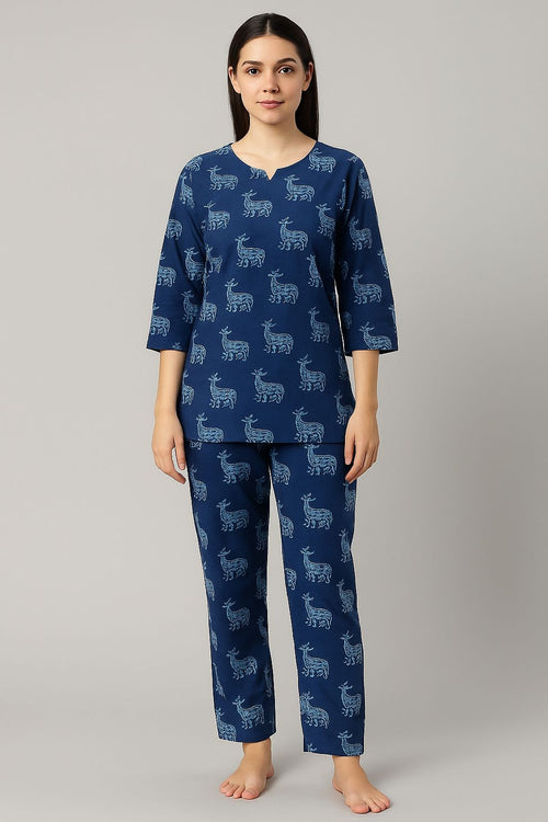 Women's Cotton Night Suit Set – Navy Blue with Handblock Deer Print