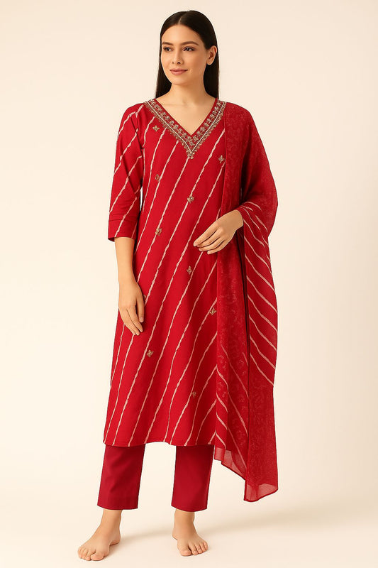 Red Bandhej-Inspired Embroidered Cotton Kurti Set with Dupatta